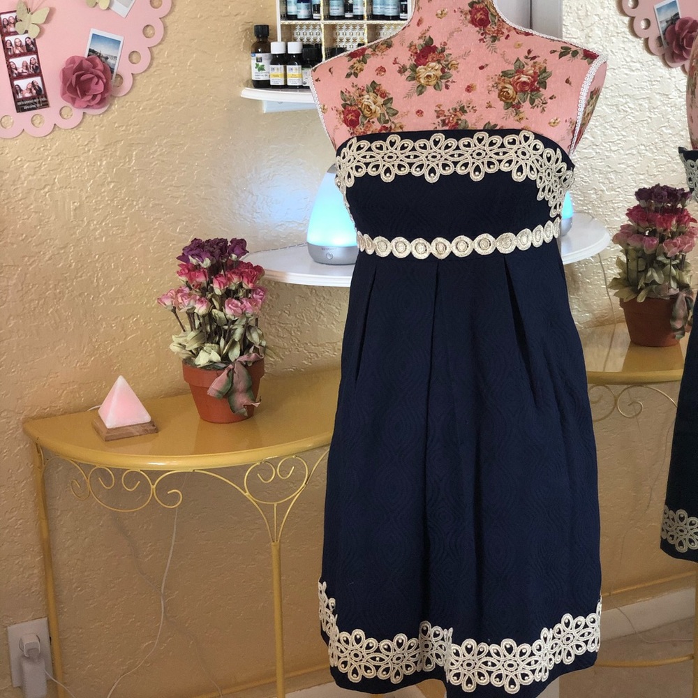 Lilly Pulitzer navy & gold strapless dress